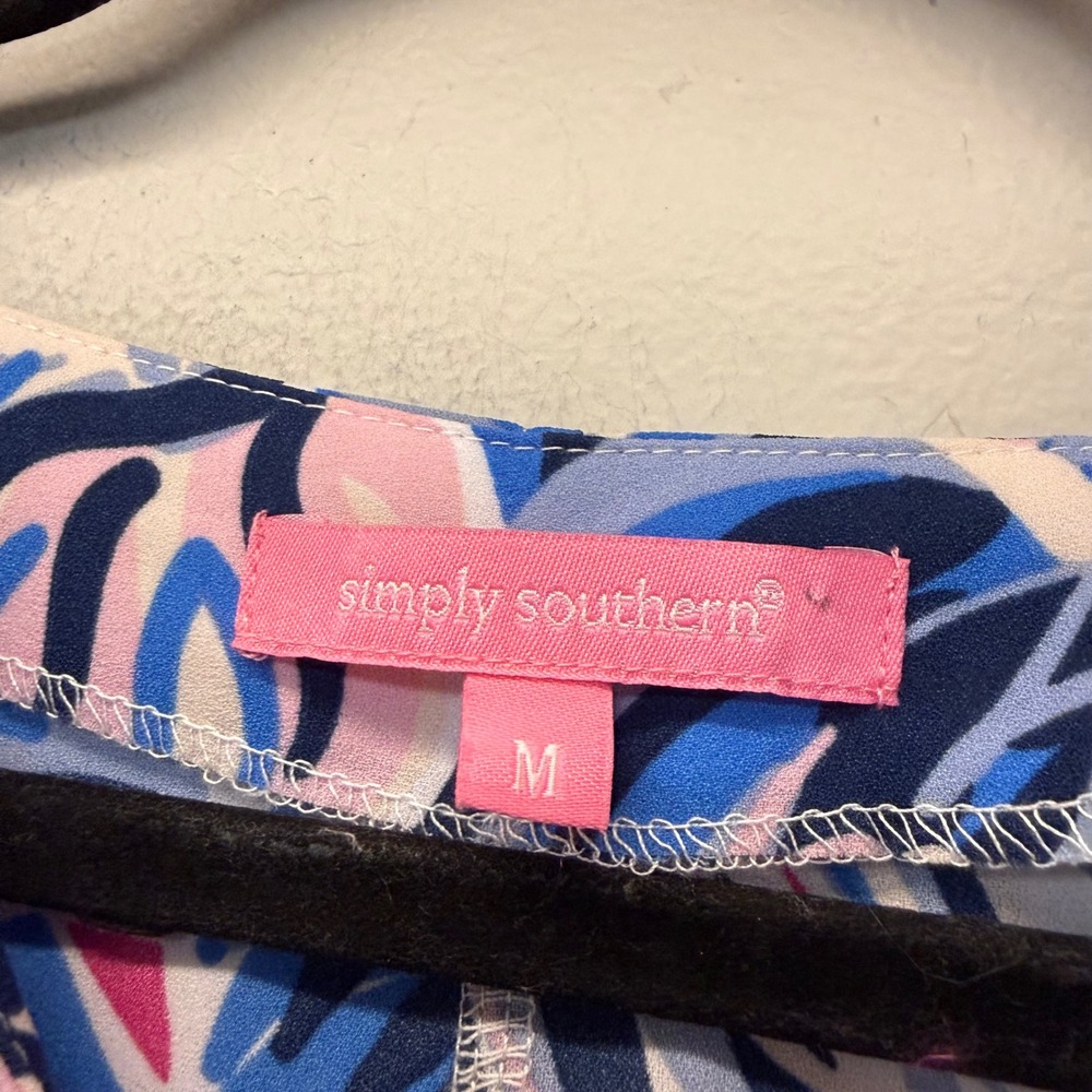 Simply Southern Poncho Top Womens Medium Blue Pink Tropical Leaf Excellent Boho - Picture 4 of 7